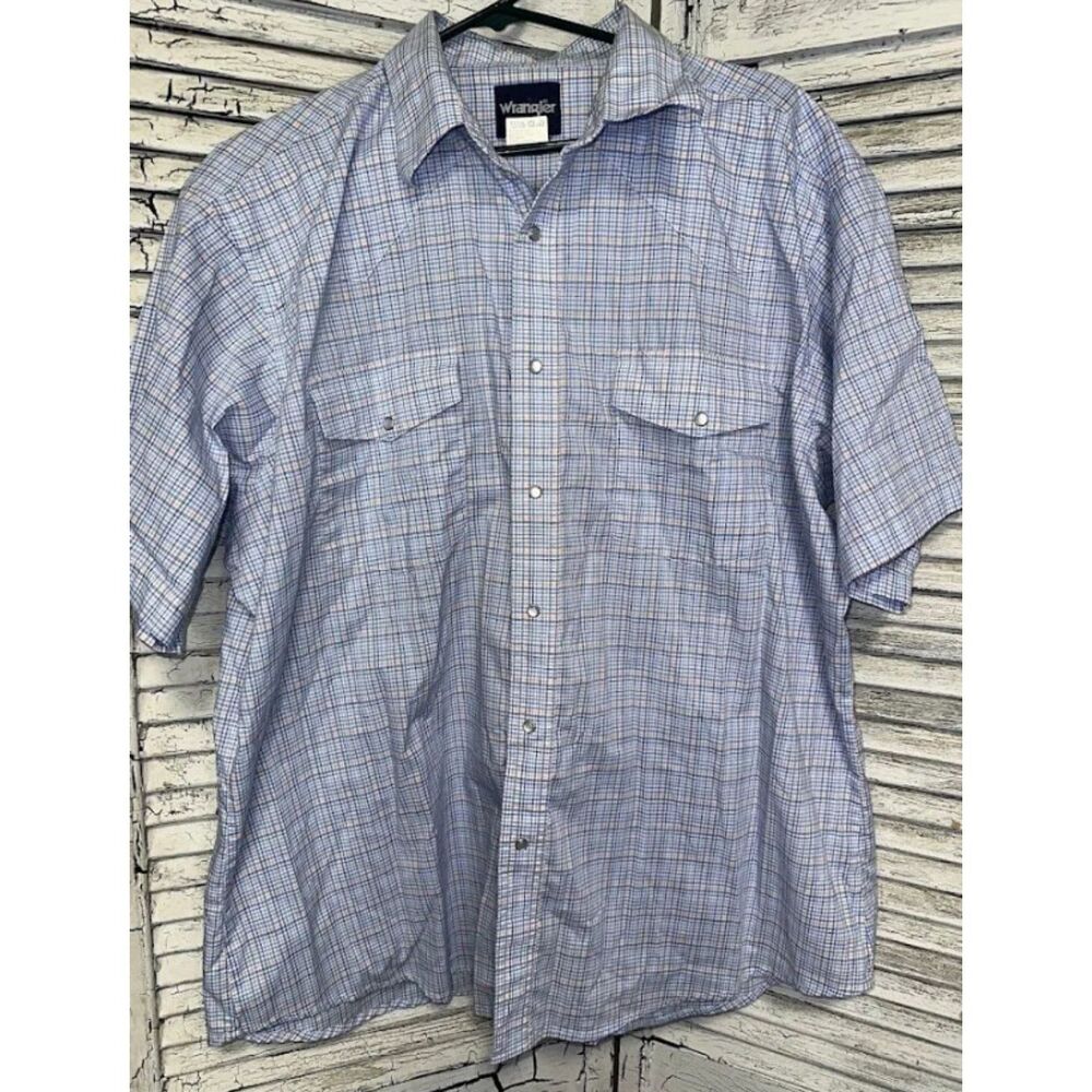Men's Blue Plaid Wrangler Pearl Snap Short Sleeve Shirt Size 2XL